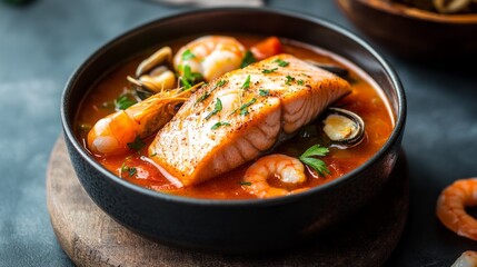 Savor the rich aromas of a classic French Bouillabaisse, filled with tender fish, succulent shrimp, and inviting herbs. Ideal for warming up on a cool night with friends