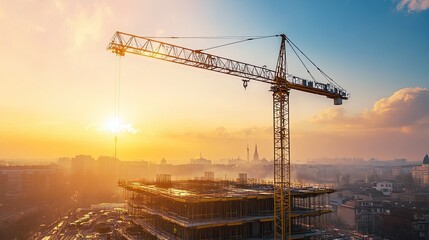 Tower crane at sunrise, towering over an active construction site with golden sunlight in the background.