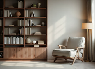 Fototapeta premium light beige armchair sits beside a wooden bookcase in a calm living space