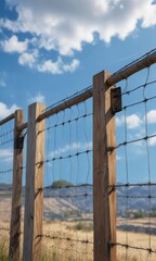 Fototapeta premium Wire fence detail with wooden frame and blue sky background, sunny day, protection, metallic, boundary, rural