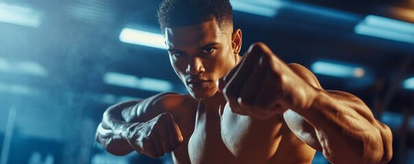 An athletic man displays a boxing stance with clenched fists