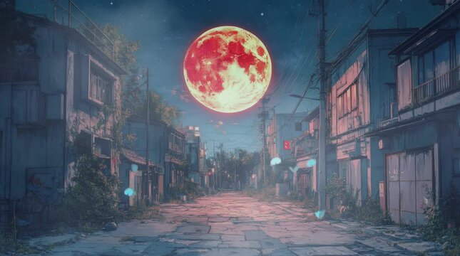 A giant red moon looms over an abandoned street, casting an eerie glow. The broken buildings and dim lights create a haunting, apocalyptic atmosphere in this surreal nighttime scene.