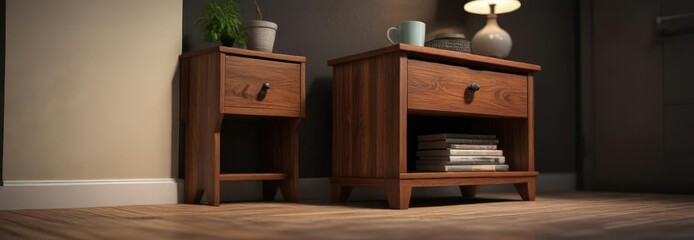Wooden nightstand in front of a darkened room with blurry background, wooden furniture, blurred scene, natural textures