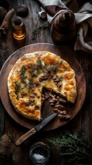 Festive meat pie with melted cheese and herbs on a wooden board, surrounded by pine and holiday decor