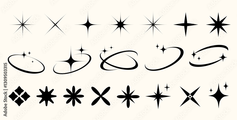 Fototapete y2k of star shapes starbursts, sparkles, and orbit elements set.abstract minimal twinkles with cosmi
