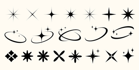 Y2k of star shapes starbursts, sparkles, and orbit elements set.Abstract minimal twinkles with cosmic orbits. Classic Retro Star Shapes and Twinkles.Minimal modern Retro futuristic icons. Vector