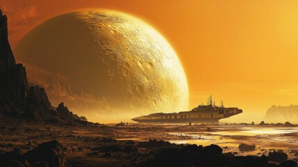Alien Planet Sunset: Spaceship on an Exoplanet