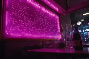 Neon Pink Wall with Scientific Equations in Modern Café Interior
