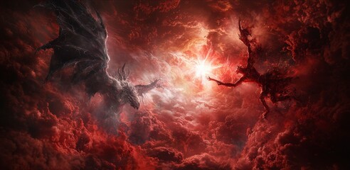 Celestial being and demon clash high above in dramatic sky fantasy art surreal atmosphere epic conflict