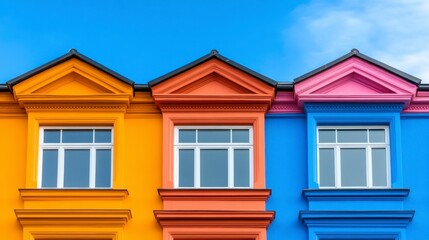 Naklejka premium Three colorful houses with vibrant orange, terracotta, and blue exteriors against a bright blue sky. White windows and classical architectural details are visible.