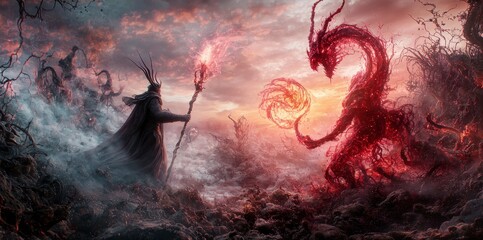Obraz premium Epic duel of celestial being and demon fantasy realm digital art dark skies dramatic confrontation