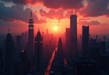 Naklejka premium elegant sunset silhouettes showcasing distinct high end building outlines colorful horizon, architecture, buildings, skyline, urban, landscape, evening