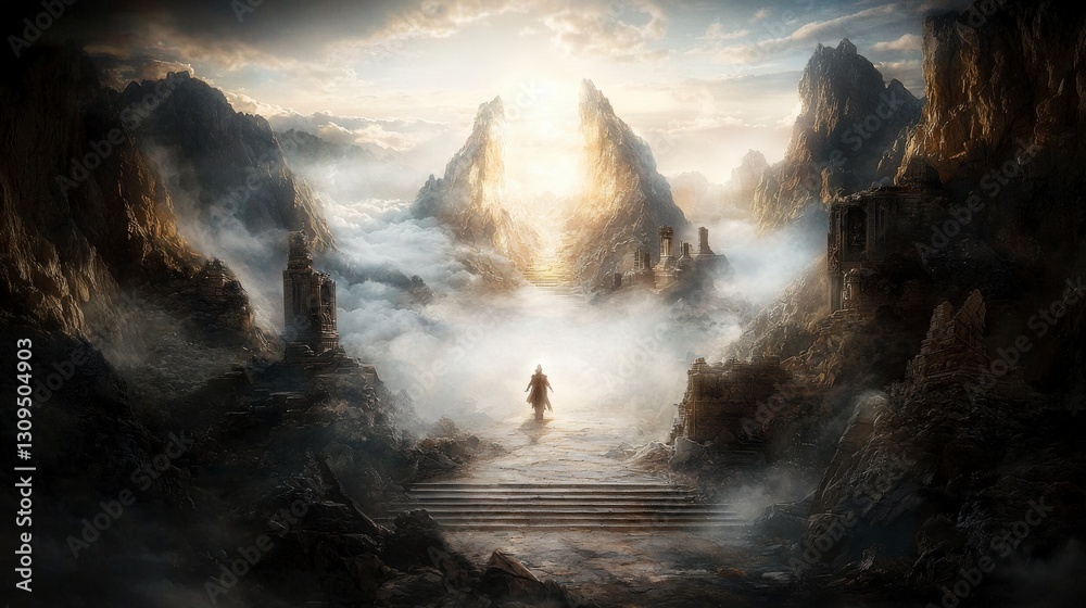 Poster celestial being's quest for immortality mythical mountains fantasy artwork ethereal environment hero