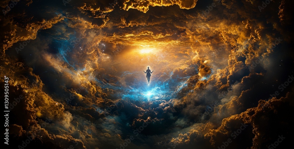 Poster celestial being floating above earth amidst dramatic clouds ethereal scene cosmic environment divine