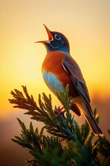 Fototapeta premium Blue jay in silhouette with wings spread, perched on a branch at sunrise. Bird is singing or squawking and looking up.