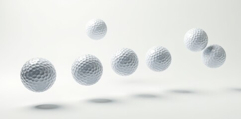 Dozens of golf balls in mid-air against pure white , many, sports