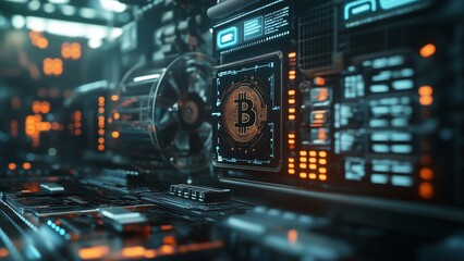 Obraz premium Hyper-realistic Bitcoin mining process with advanced AI monitoring, deep tech finance