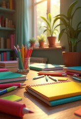 colorful desk display vibrant study essentials including art supplies, notebooks, pens, books, stationery, highlighters, organizer, chair, tablet, laptop
