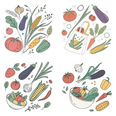 Hand-drawn colorful vegetables and salad. Modern abstract minimal style. Healthy organic food vector flat illustration. Tomatoes, onion, zucchini, eggplant, leek, potatoes, corn, peppers, beet.