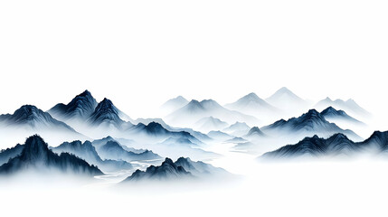 Fototapeta premium Blue Watercolor Mountain Landscape with Fog and Mist on White Background
