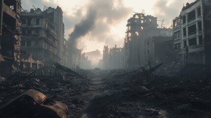 A post-apocalyptic city with ruined buildings in dramatic shades