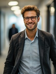Fototapeta premium Portrait of a professional man with glasses, in a formal coat and patterned shirt walking in an office hallway.