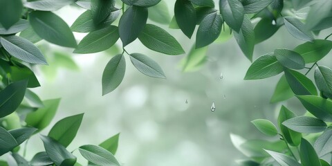 3d background minimalistic mockup with space for text, detailed macro of a spring raindrop reflecting fresh green leaves