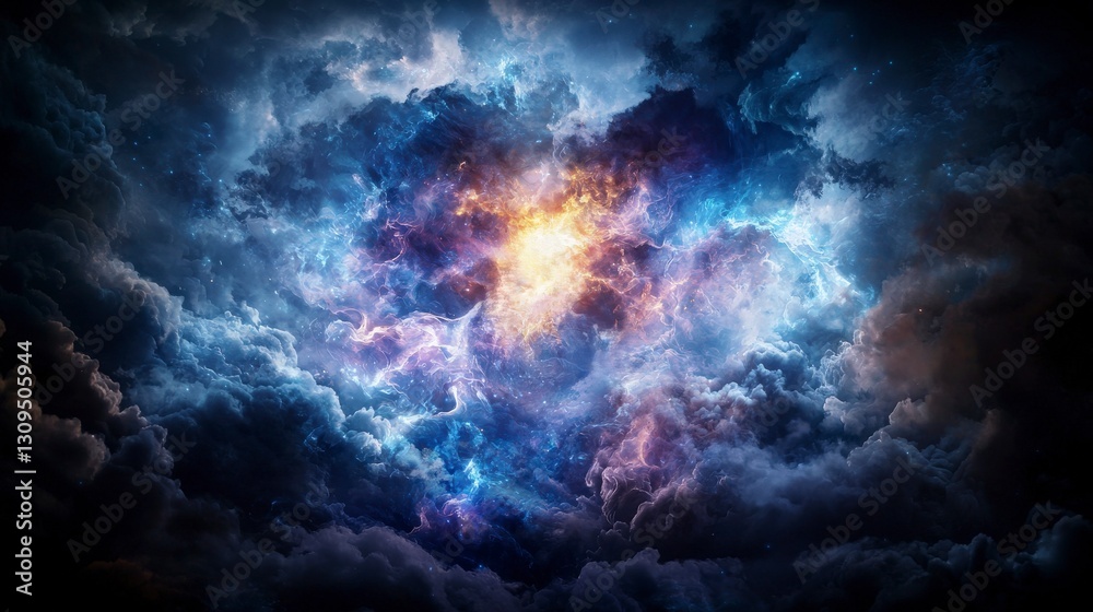 Poster celestial figure casts powerful spell in the sky cosmic scene digital art mystical environment overh