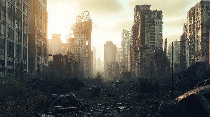 A post-apocalyptic city with ruined buildings in dramatic shades