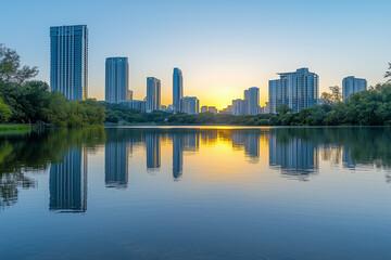 Sunrise Reflections Over Cityscape