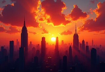 stunning city skyline silhouettes fiery sunset sky vibrant colors clouds, architecture, cityscape, urban, landscape, horizon, view, night, dramatic