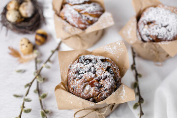 Traditional Ukrainian Paska on a Bright Spring Background with Soft Florals