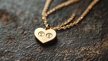 Elegant golden heart necklace with custom letter engraving on rustic dark texture