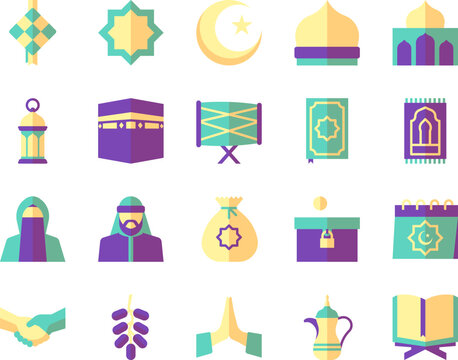 Ramadan Muslim Icon Set Flat Color Style Vector Illustration