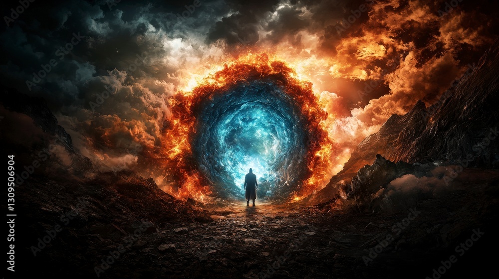 Poster celestial mage opens dimensional gateway fantasy realm digital art surreal environment wide view eni