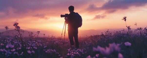 Photographer taking pictures of a beautiful sunset over the mountains