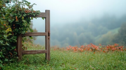 Fototapeta premium Rustic wooden gate partially obscured by ivy, opens to a misty, hilly landscape with autumnal foliage.