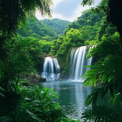 A serene tropical landscape featuring two cascading waterfalls surrounded by lush greenery and a tranquil pool of water.