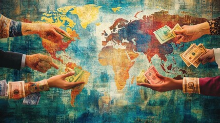 A vibrant illustration of diverse hands exchanging currency against a world map background, symbolizing global trade and economic interaction.