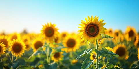 Obraz premium 3d background minimalistic mockup with space for text, vibrant sunflower fields stretching under a clear blue spring sky