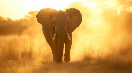 Fototapeta premium African elephant strolling through dry grasslands golden sun casting a dreamy glow soft dust swirling cinematic frame 