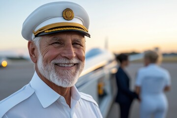 A friendly airline captain wearing a traditional cap and uniform, exuding confidence and professionalism against a backdrop of an aircraft and its crew.