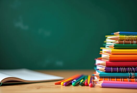 vibrant classroom supplies showcased chalkboard background highlighting colorful markers, art, notebooks, erasers, folders, crayons, clipboards, binders