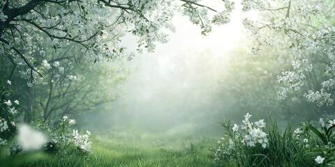 3d background minimalistic mockup with space for text, misty morning in a lush green valley with soft-focus blooming trees