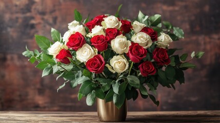 a beautifully arranged bouquet of fresh red and white roses with greenery, placed in an elegant vase on a wooden table. 