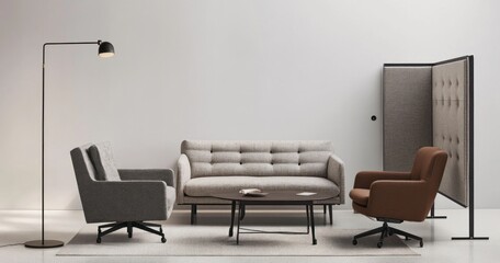 Modern living room interior design featuring a sofa, armchairs, a coffee table, and a room divider.