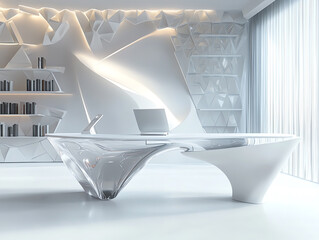Futuristic office interior featuring a sleek, modern desk and minimalist design.