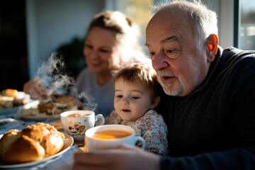 A heartwarming image of a family enjoying breakfast together, featuring a child, grandparents, and delicious food, showcasing love and togetherness in a cozy setting.