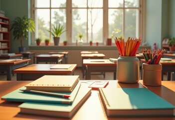 organized clean classroom supplies layout educational branding focus visual elements arranged materials, accessories, arrangement, charts, colors