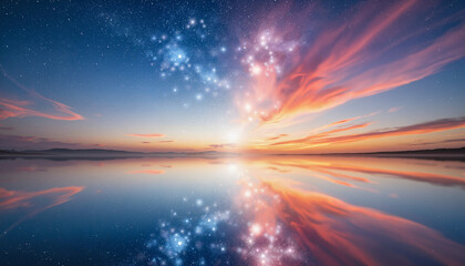 Fototapeta premium Surreal lake reflecting sky at dusk, balance of seasons